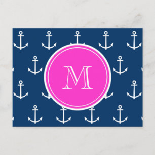 Cartão Postal Padrão de Âncoras Brancas Azul-marinho, Monogram