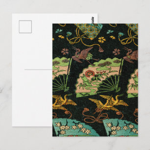 Cartão Postal Padrão de Arte Floral Vintage com Grou e Leque Jap