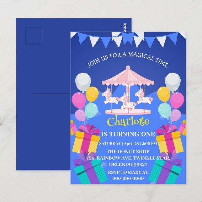 Cartão Postal Padrão de carrossel de arco-íris de Unicórnio Mági (Frente/Verso)