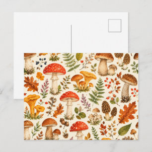 Cartão Postal Padrão de Cogumelo Outonal em Aquarela