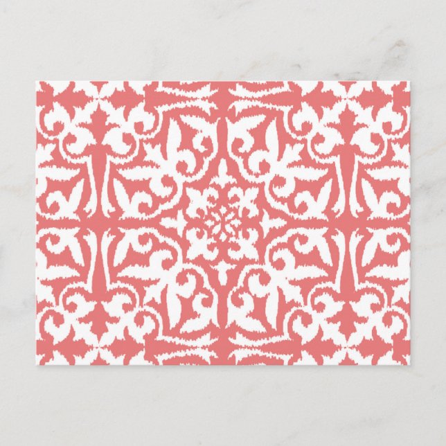 Cartão Postal Padrão de damasco Ikat - Rosa Coral e Branco (Frente)