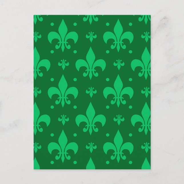 Cartão Postal Padrão de Design Flor-de-lis Verde (Frente)