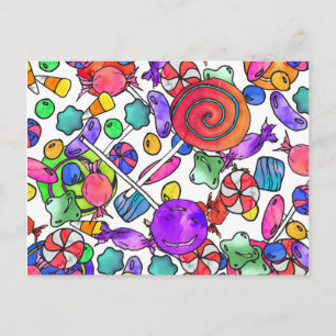 Cartão Postal Padrão De Doces Desenhados Da Mão De Aquarela Co