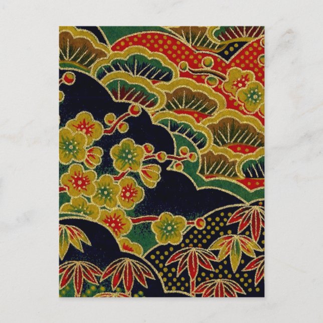 Cartão Postal padrão de flor dourada kimono japonês (Frente)