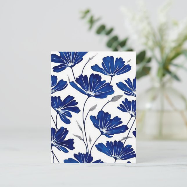 Cartão Postal padrão de flores azuis marinho (Em pé/Frente)