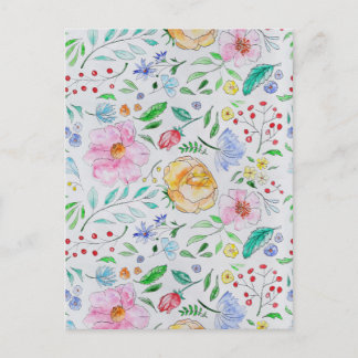 Cartão Postal Padrão de Flores e Botões em Aquarela Leve e Bonit