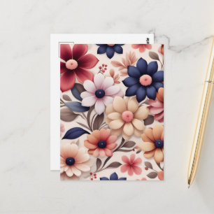 Cartão Postal Padrão de flores e folhas em rosa ousado