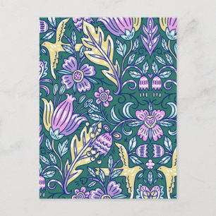 Cartão Postal Padrão de Flores e Pássaros em Estilo Antigo