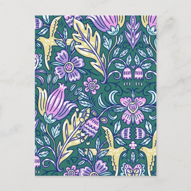 Cartão Postal Padrão de Flores e Pássaros em Estilo Antigo (Frente)