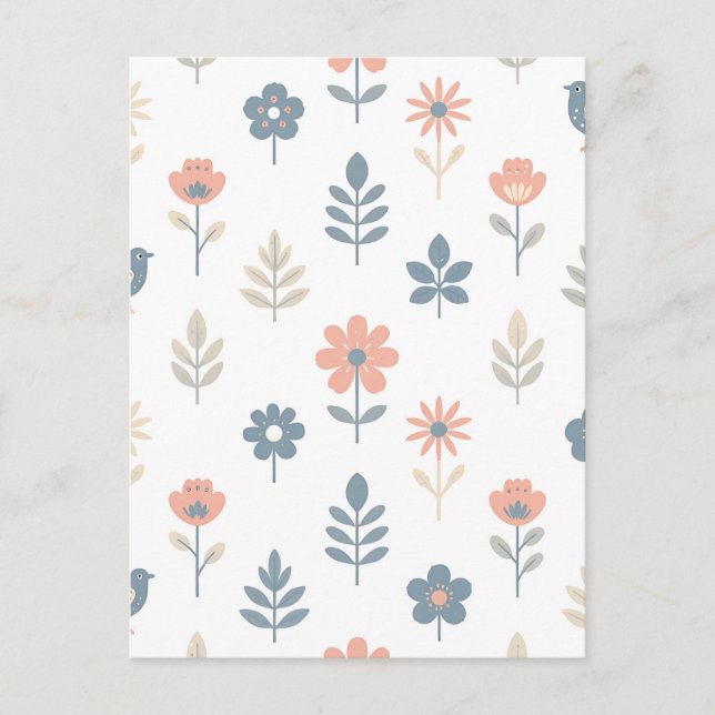 Cartão Postal Padrão de Flores Pássaros Folk Escandinavo (Frente)