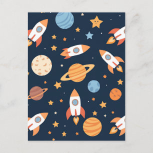 Cartão Postal Padrão de Foguetes Planetas Espaço Fofo