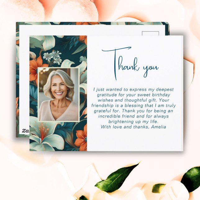 Cartão Postal Padrão de Folhagem de Flor Elegante Foto Obrigado (Criador carregado)