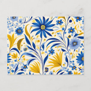 Cartão Postal Padrão de Folhas Amarelas e Azul Centáurea