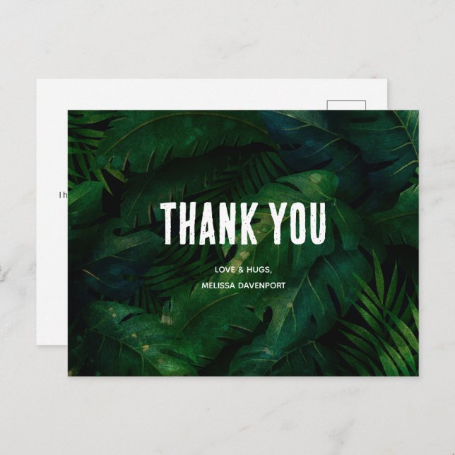 Cartão Postal Padrão de Folhas Tropicais Verde Escuro Obrigado (Frente/Verso)