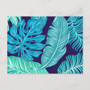 Cartão Postal Padrão de Folhas Verdes Azuis Tropicais