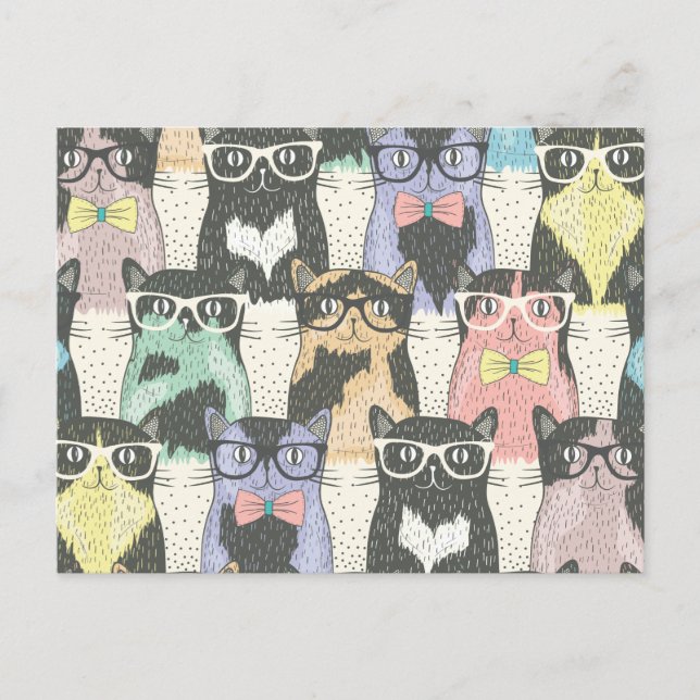 Cartão Postal Padrão de Gatos de Hipster em Cute (Frente)