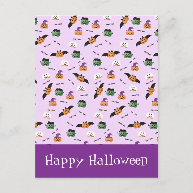 Cartão Postal Padrão De Halloween Obrigado Pumpkins Purple (Frente)