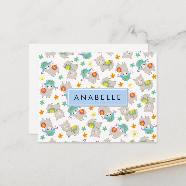 Cartão Postal Padrão De Lhamas, Alpacas, Flores, Seu Nome (Frente/Verso In Situ)