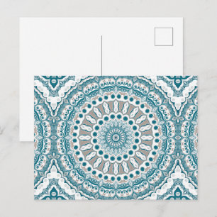 Cartão Postal Padrão de Mandala Costeira em Azul Turquesa e Bege