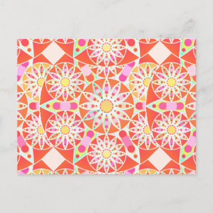 Cartão Postal Padrão de mandala, vermelho de coral, rosa, ouro