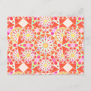 Cartão Postal Padrão de mandala, vermelho de coral, rosa, ouro