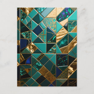 Cartão Postal Padrão de Mosaico Geométrico Dourado Turquesa Luxu