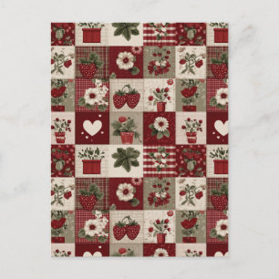 Cartão Postal Padrão de Patchwork de Morango Country Vintage