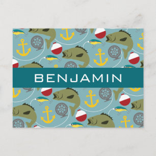 Cartão Postal Padrão de pesca com nome personalizado