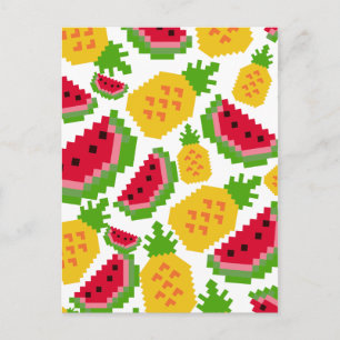 Cartão Postal Padrão de Pixel de Melancia Tropical e Abacaxi