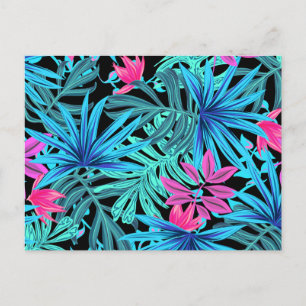 Cartão Postal Padrão de Planta Tropical Rosa Neon e Azul