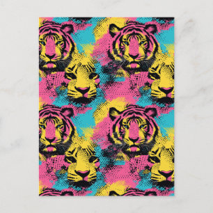 Cartão Postal Padrão de Pop de arte do Tiger em rosa, amarelo e