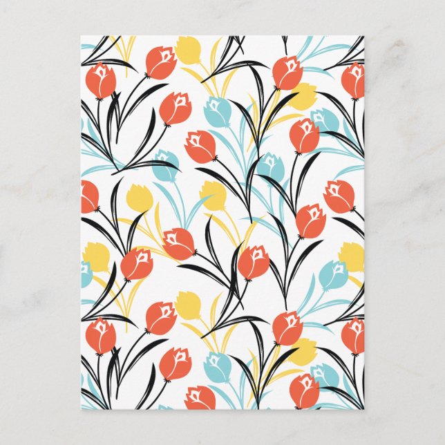 Cartão Postal Padrão de Tulipas Vibrante Design Floral em Branco (Frente)