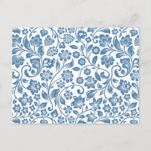 Cartão Postal Padrão de Videiras Florais Azul e Branco Ornamenta