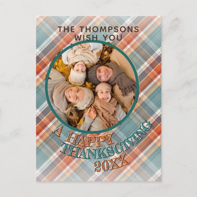 Cartão Postal Padrão de Xadrez de Ação de Graças animado com fot (Frente)