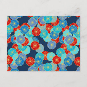 Cartão Postal Padrão floral Art Deco - azul, turquesa e vermelho