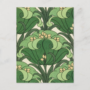 Cartão Postal Padrão Floral Art Nouveau de Lótus em Verde Salvia