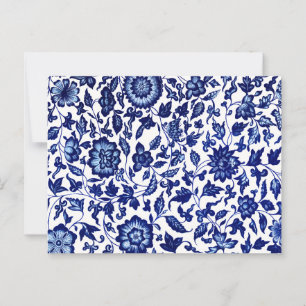 Cartão Postal Padrão floral azul-marinho chinês em branco