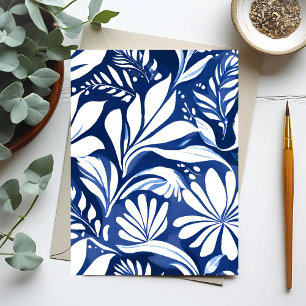 Cartão Postal Padrão Floral Botânico Azul em Aquarela