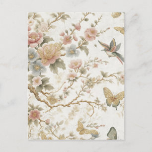 Cartão Postal Padrão Floral Chinês Vintage com Beija-flor