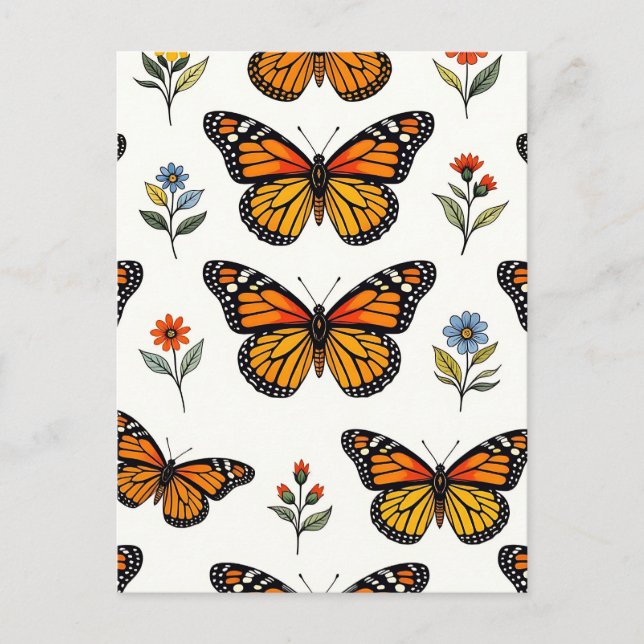 Cartão Postal Padrão Floral da Borboleta Monarca (Frente)