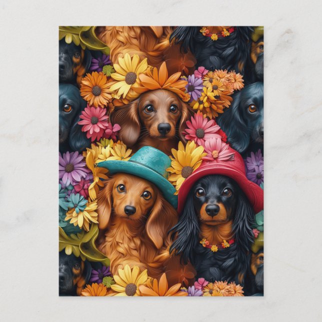 Cartão Postal Padrão Floral de Dachshund Sem Costura - Amantes d (Frente)