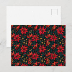 Cartão Postal Padrão Floral de Natal Vermelho Escuro