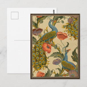 Cartão Postal Padrão Floral de Papoula com Pavão em Arte Nova An