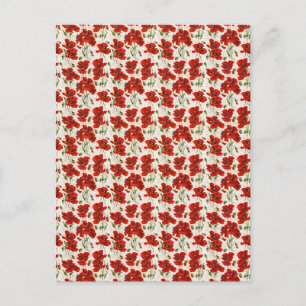 Cartão Postal Padrão Floral de Papoula Vermelha Vintage Arte Bot