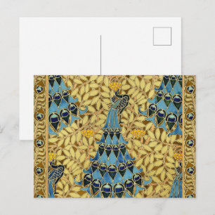 Cartão Postal Padrão Floral de Pavão Azul Art Nouveau Antigo