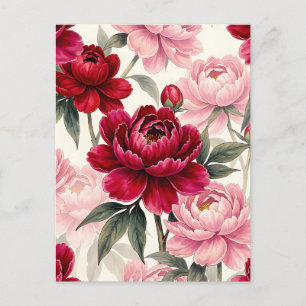 Cartão Postal Padrão Floral de Peônia em Aquarela Vermelho Inten