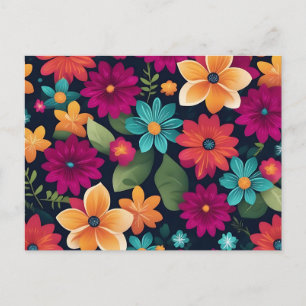 Cartão Postal Padrão Floral de Primavera vibrante