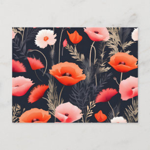 Cartão Postal Padrão Floral Escuro com Poppies