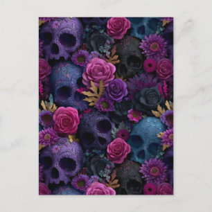 Cartão Postal Padrão Floral Escuro de Caveira Sem Costura