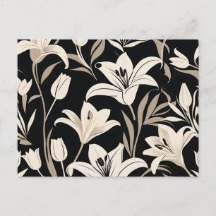 Cartão Postal Padrão Floral Mínimo Preto e Branco